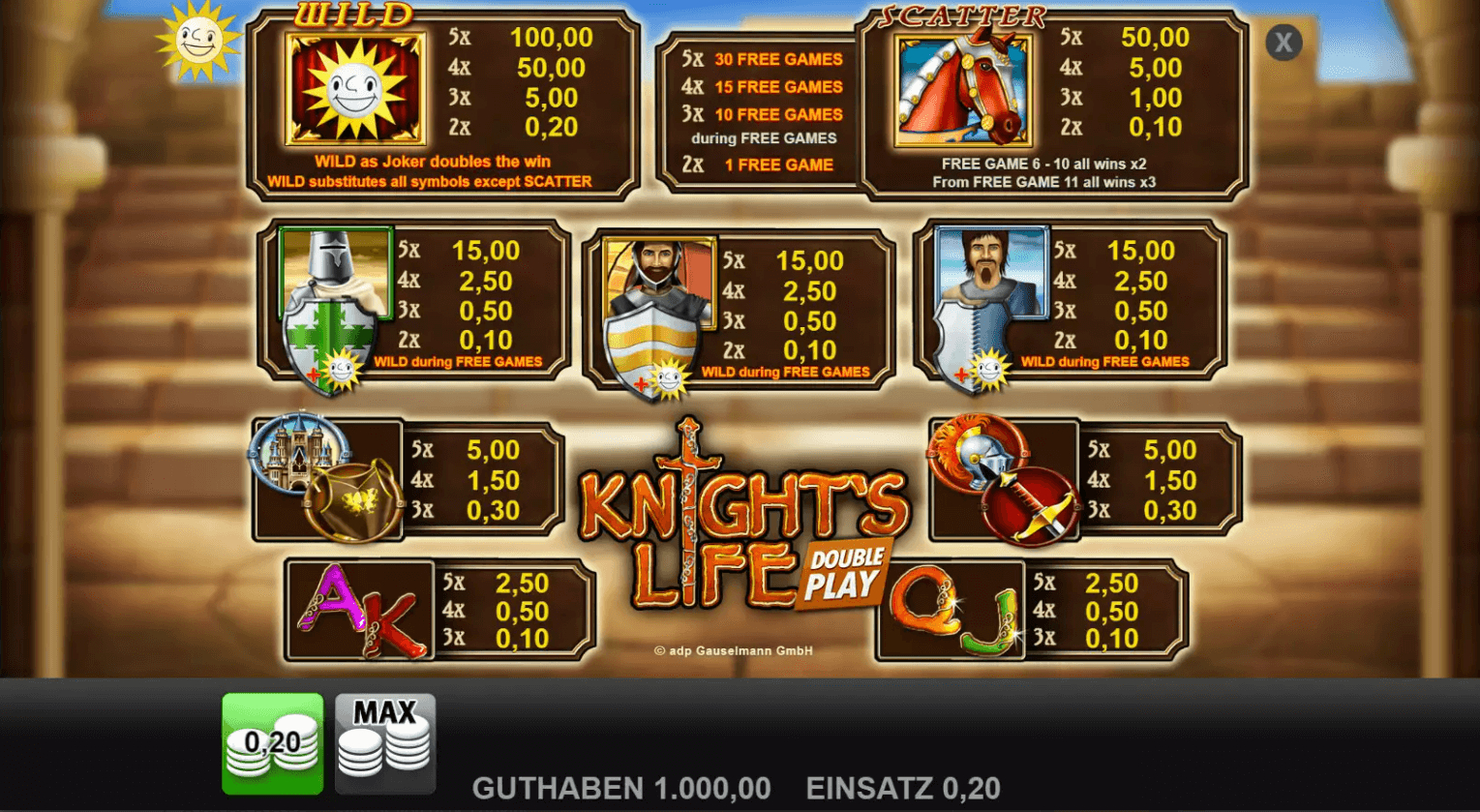 Knights Life Double Play Slot Spieloberfl&auml;che